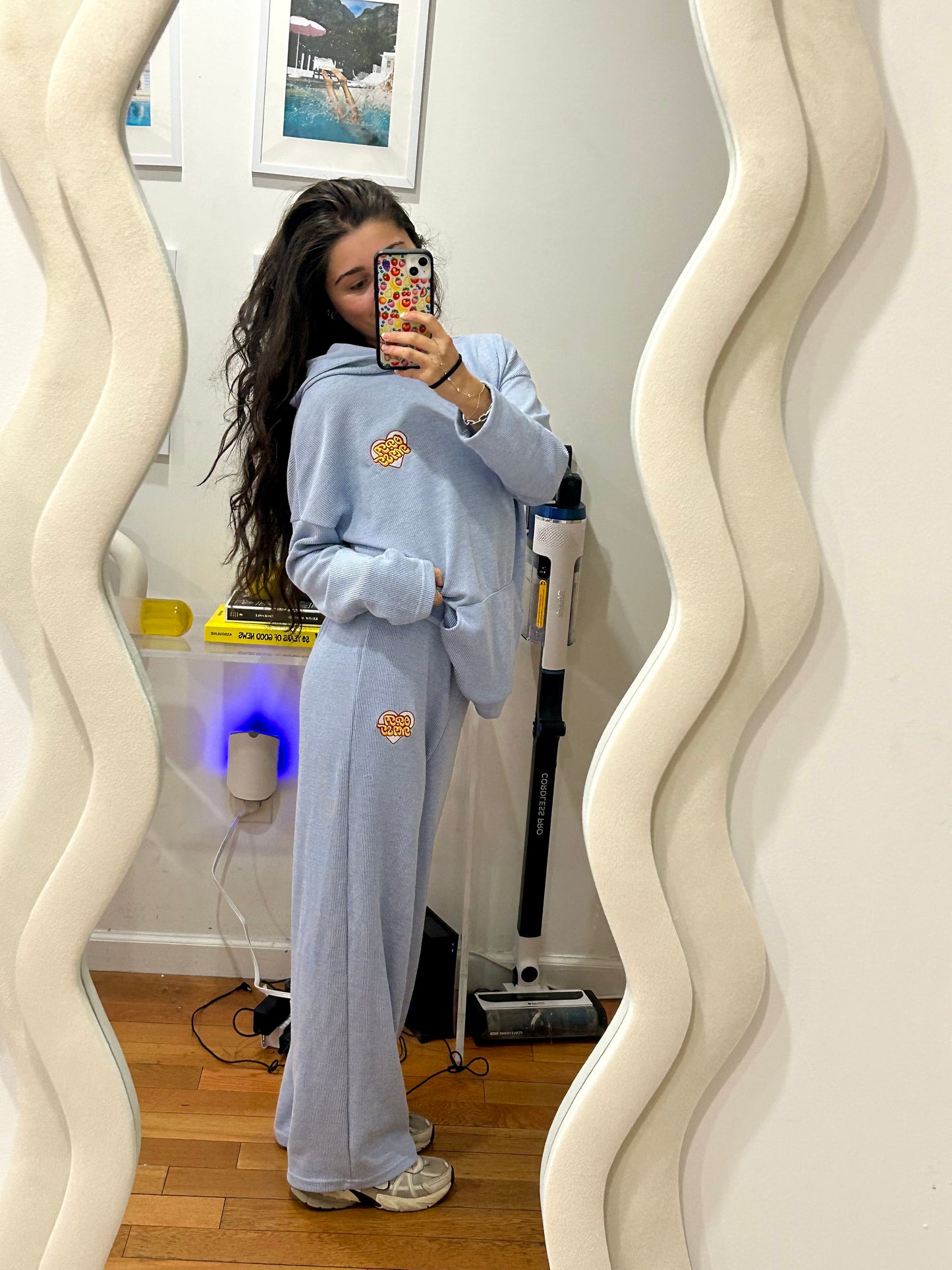 Blue Ribbed Hoodie & Open Bottom Sweatpants Set + Embroidered Heart