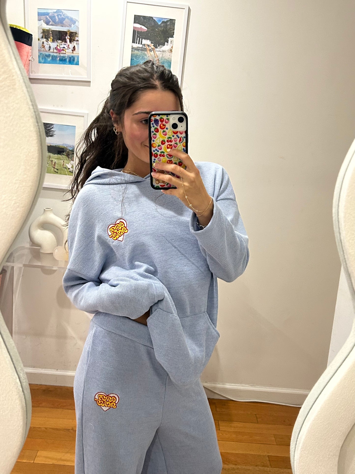 Blue Ribbed Hoodie & Open Bottom Sweatpants Set + Embroidered Heart