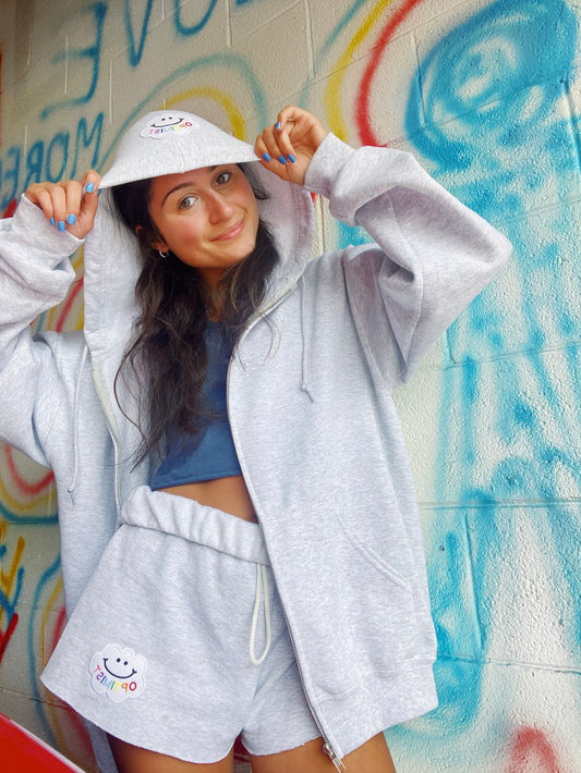 Light Gray Zip Up & Sweatshorts Set +  Cloud Optimism Patch