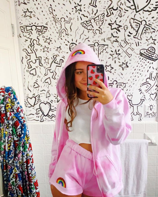 Pink Tie Dye Zip Up & Sweatshorts Set + Optimist Rainbow Patch