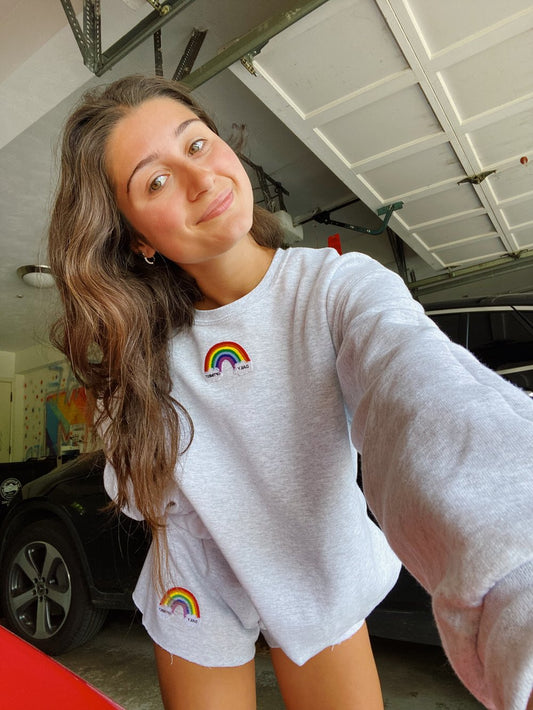 Light Gray Crewneck & Sweatshorts Set + Daily Optimist Rainbow Patch