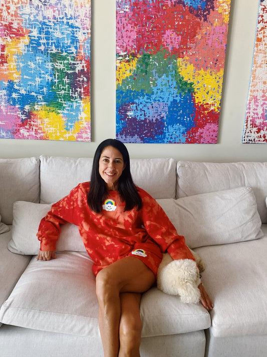 Red Bleach Dye Crewneck & Sweatshorts Set + Cloud Rainbow Patch