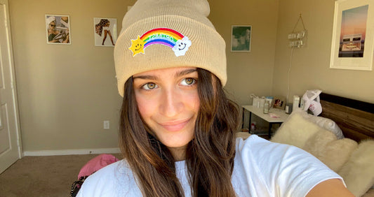 Beige Beanie with Sun Rainbow Patch