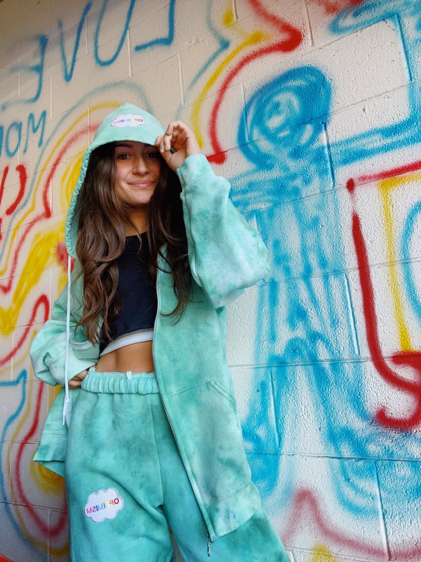 Sage Green Tie Dye Zip Up & Sweatpants Set + Cloud Optimism Patch