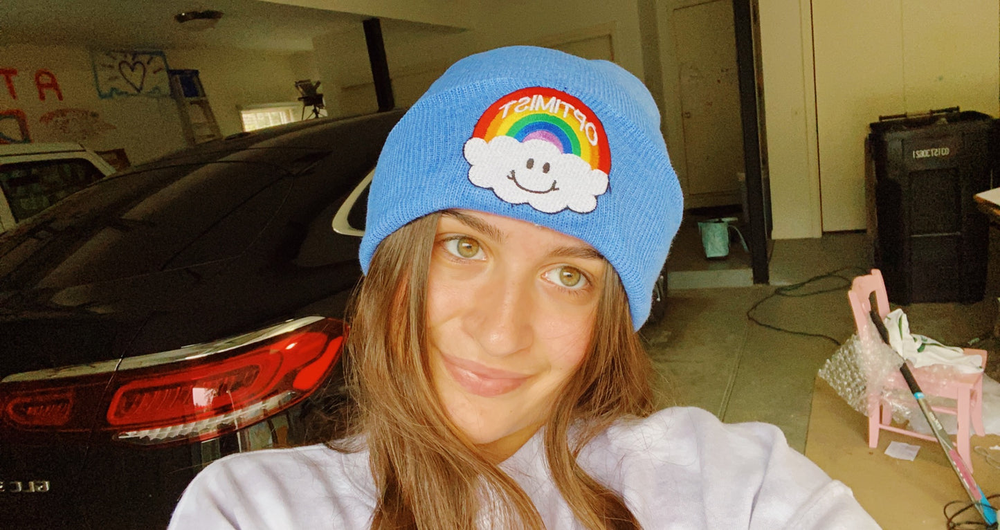 Blue Beanie + Cloud Rainbow Patch