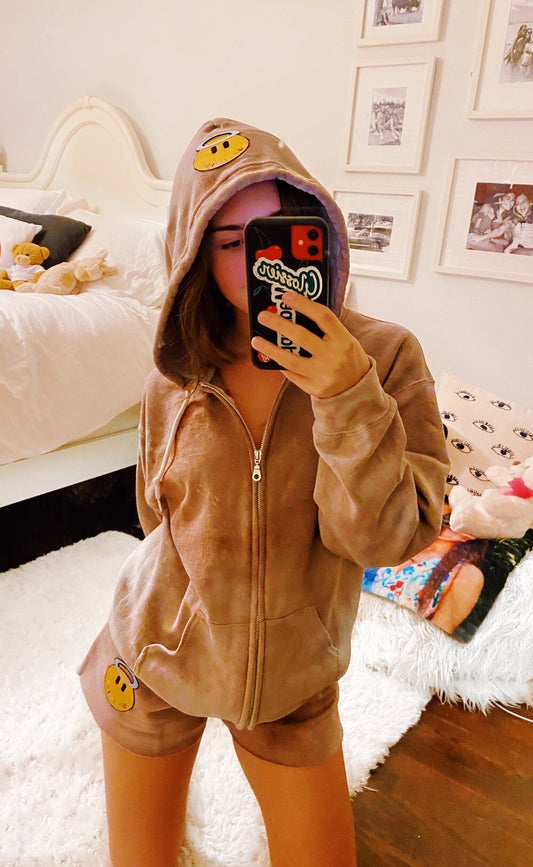 Brown Tie Dye Zip Up & Sweatshorts Set + Angel Halo Patch
