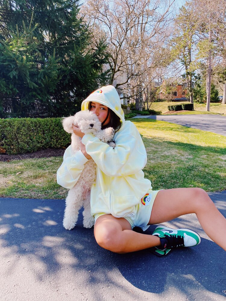 Yellow Tie Dye Zip Up & Sweatshorts Set + Cloud Rainbow Patch