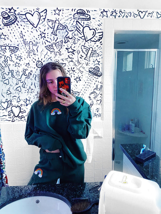 Forest Green Crewneck & Sweatpants Set + Double Cloud Rainbow Patch