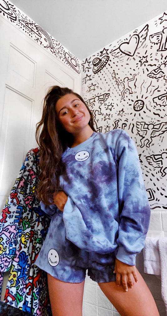 Black N' Blue Tie Dye Crewneck & Sweatshorts Set + OG Smiley Patch