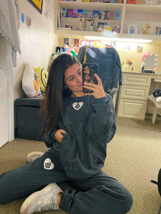 Charcoal Crewneck & Sweatpants Set + White Daily Optimist Club Heart Patch