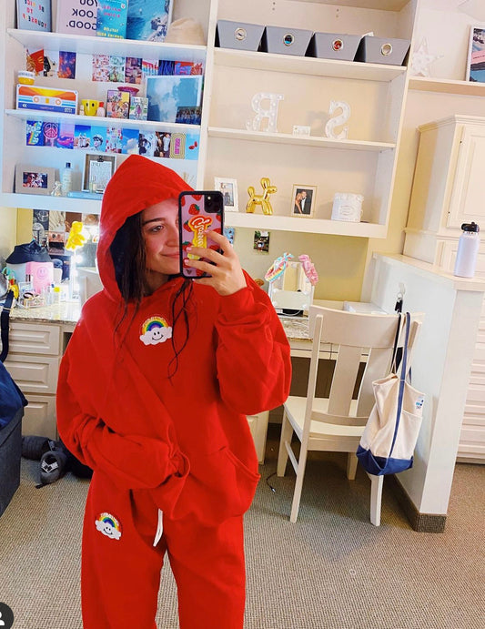 Red Hoodie & Sweatpants Set + Cloud Rainbow Patch