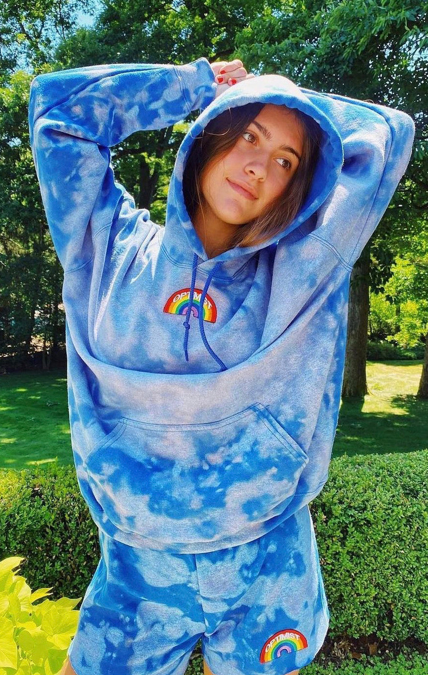 Blue Bleach Dye Hoodie & Sweatshorts Set + Rainbow Optimist Patch