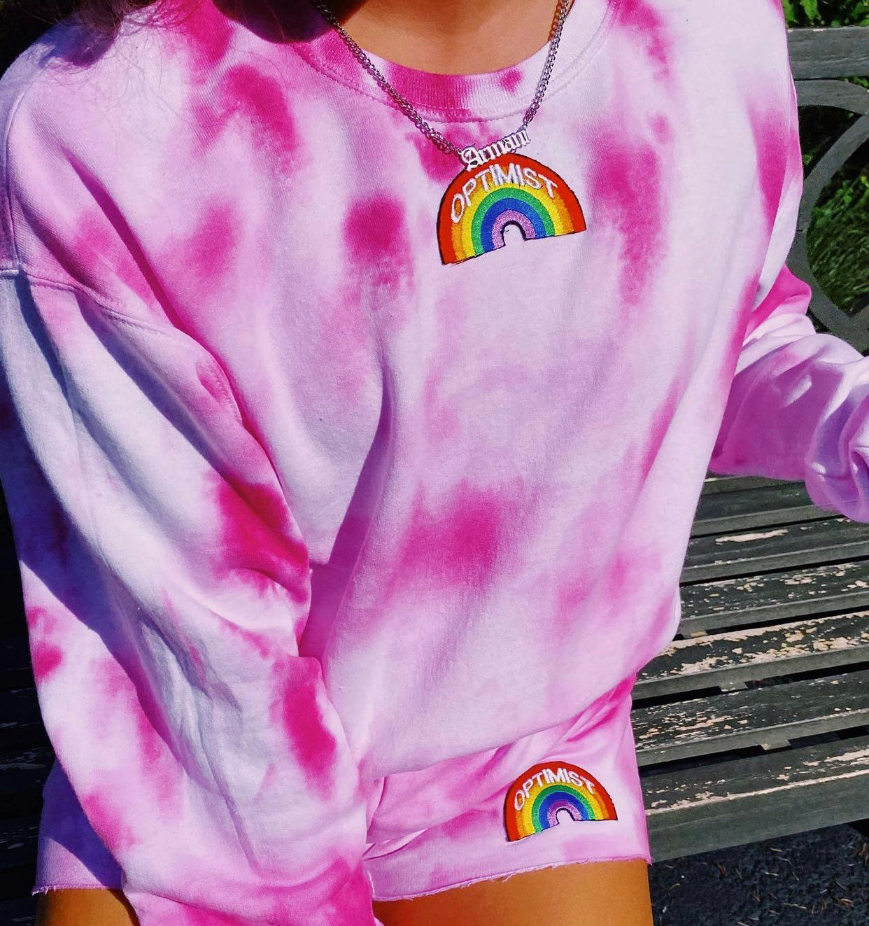 Pink Tie Dye Crewneck & Sweatshorts Set + Rainbow Optimist Patch