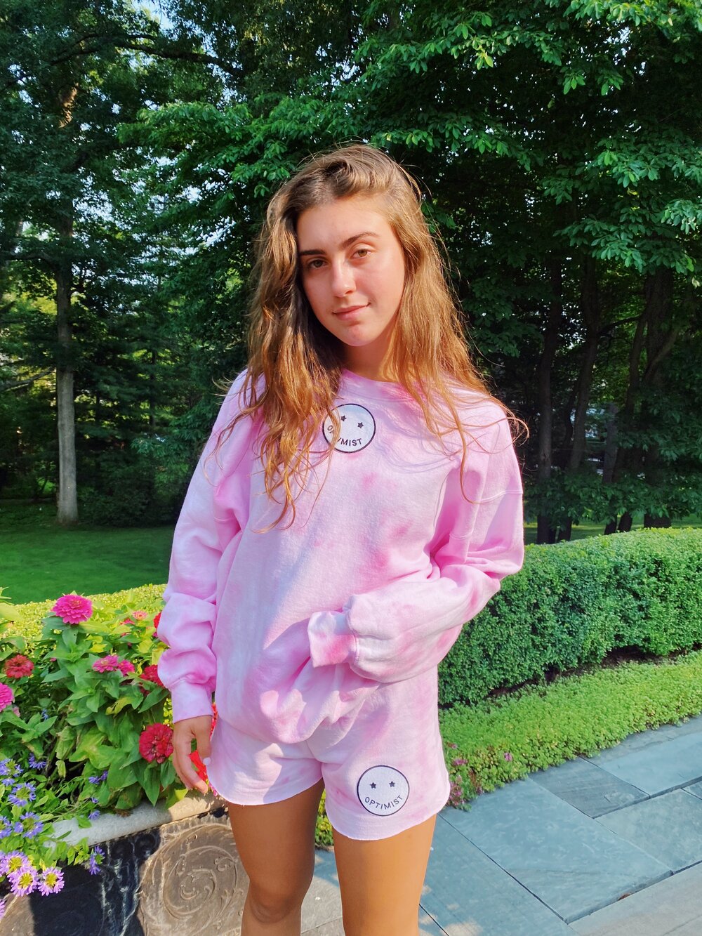 Pink Tie Dye Crewneck & Sweatshorts Set + OG Smiley Patch