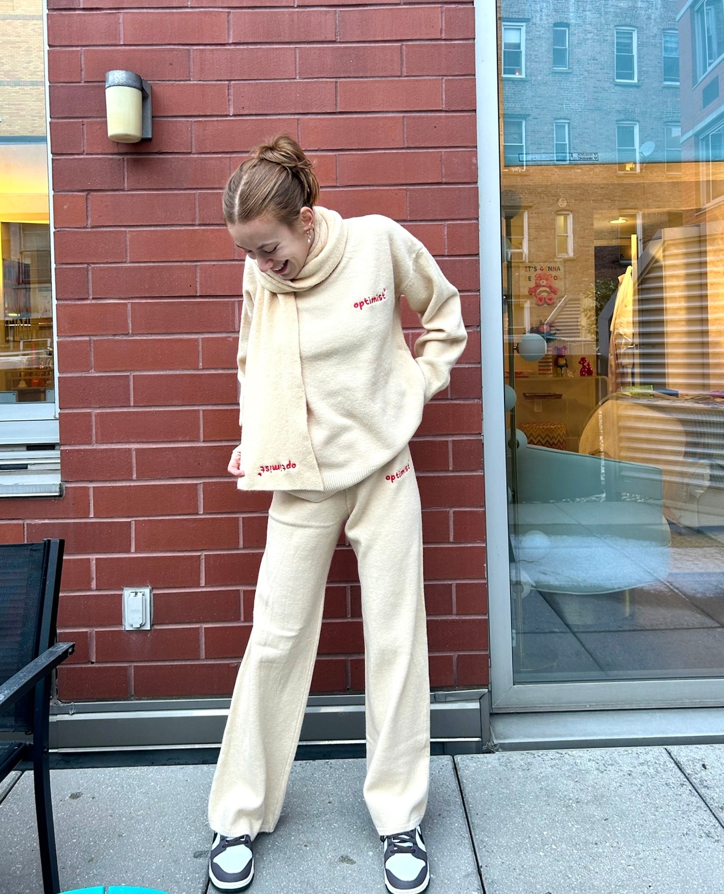 Cream Optimist Knit Crewneck, Sweatpants & Scarf Embroidered Set