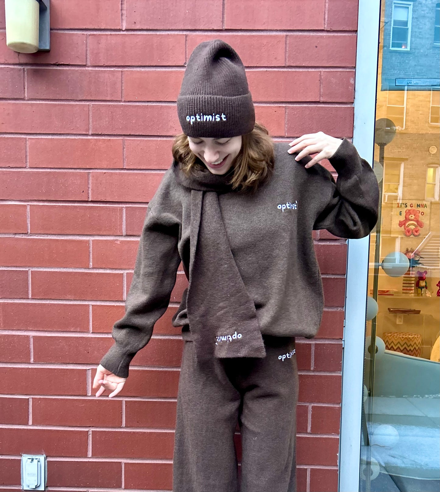 Brown Beanie + Optimist Embroidery in White