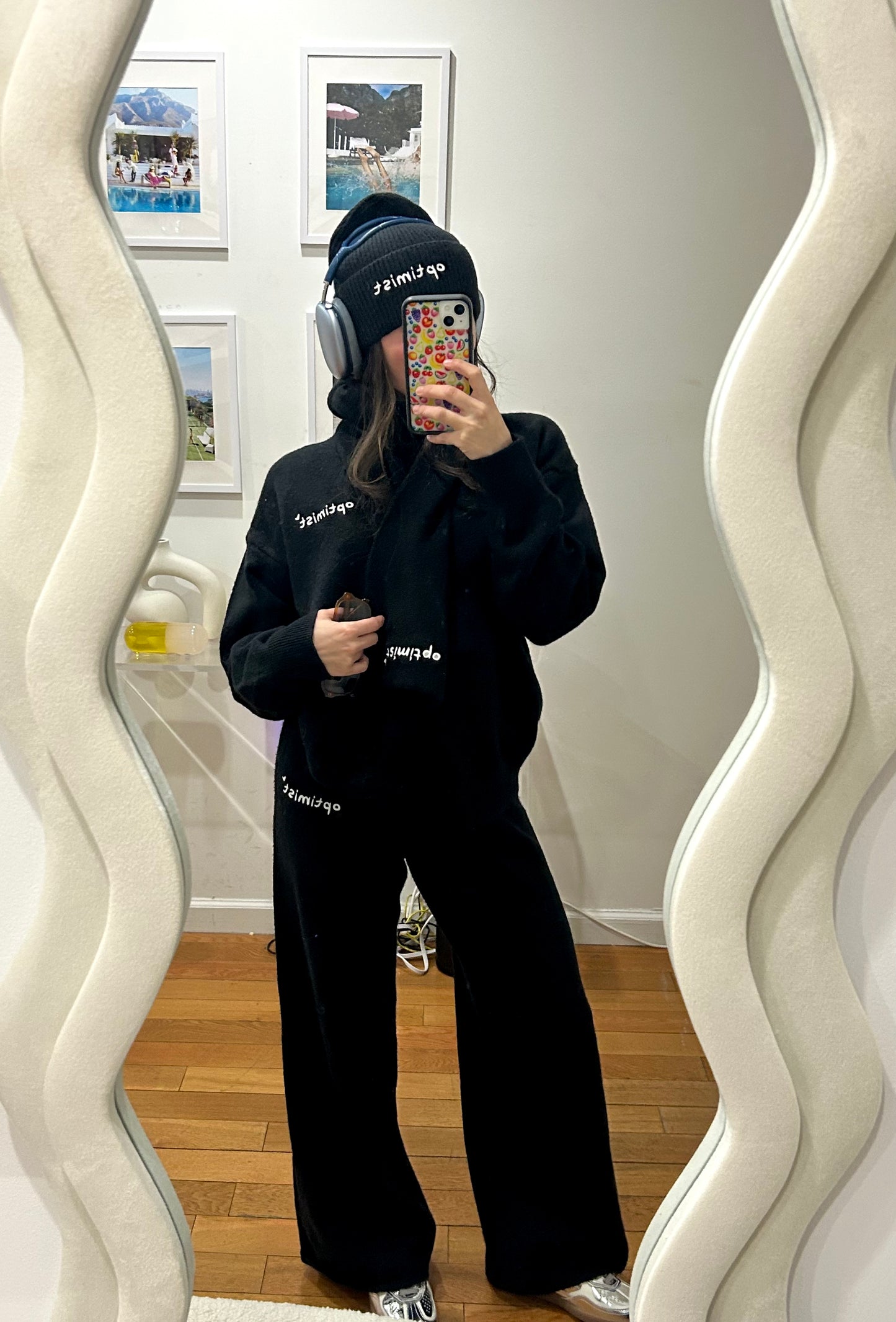 Black Optimist Knit Crewneck, Sweatpants & Scarf Embroidered Set