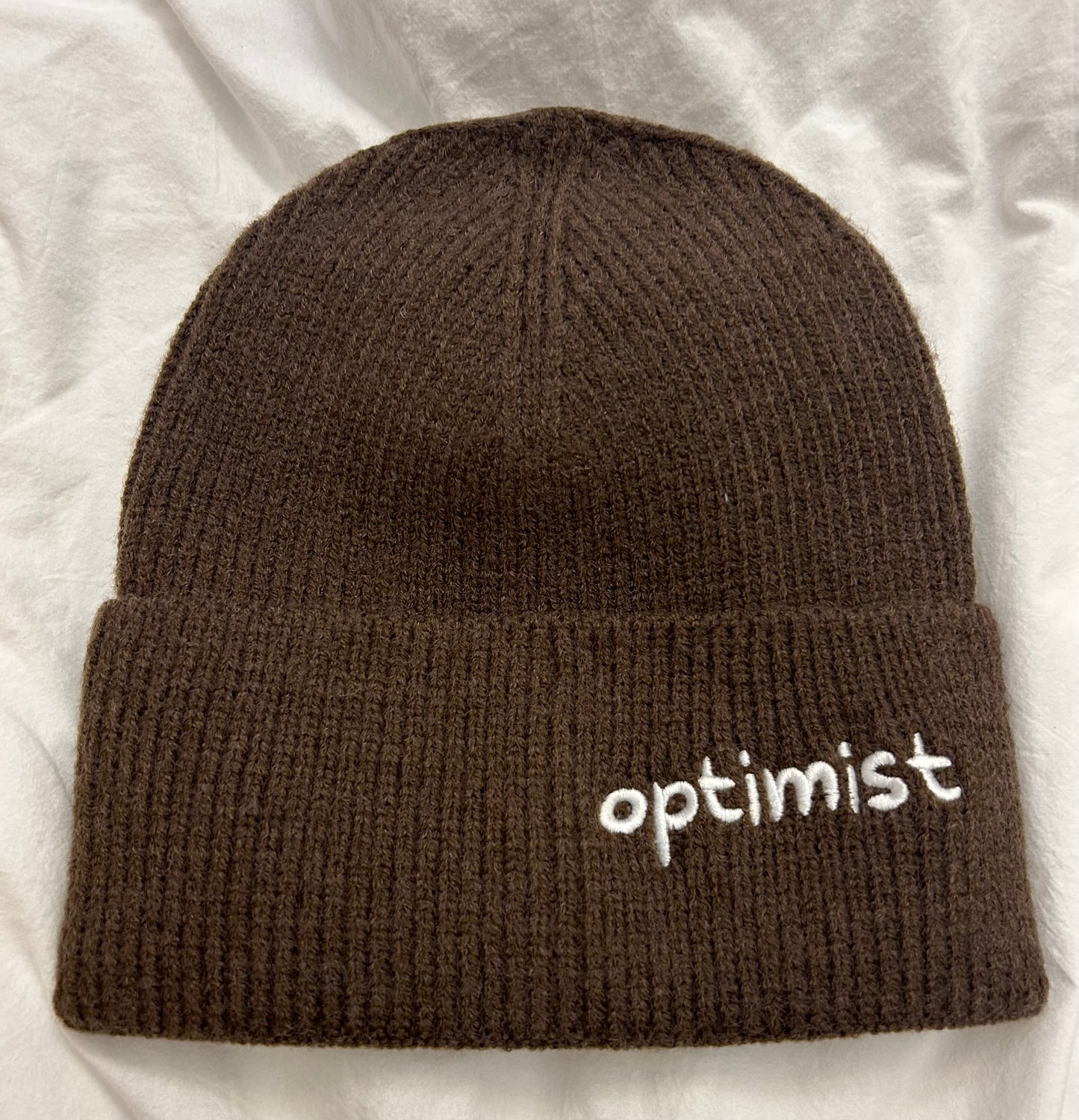 Brown Beanie + Optimist Embroidery in White