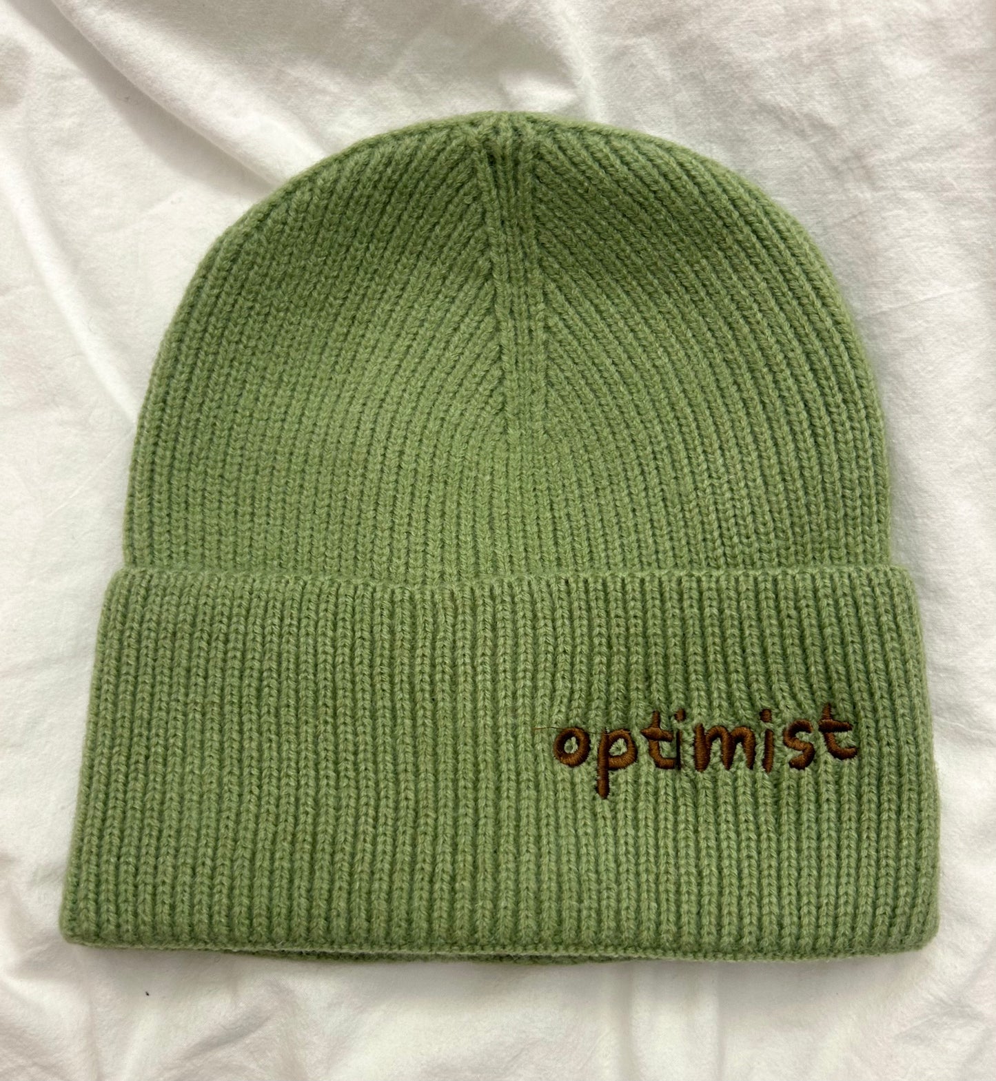 Pistachio Beanie + Brown Optimist Embroidery