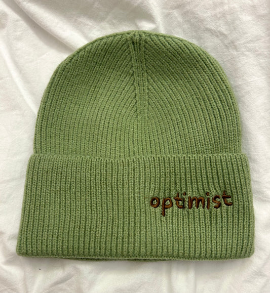 Pistachio Beanie + Brown Optimist Embroidery