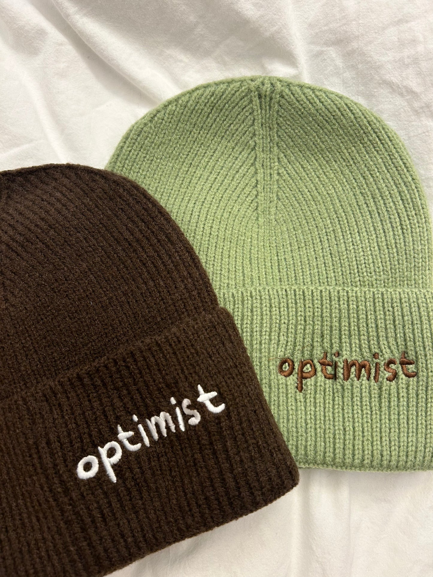 Pistachio Beanie + Brown Optimist Embroidery