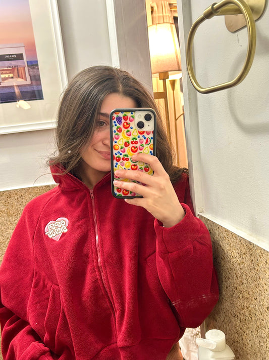 Red Fleece Pullover + Embroidered Optimist Heart