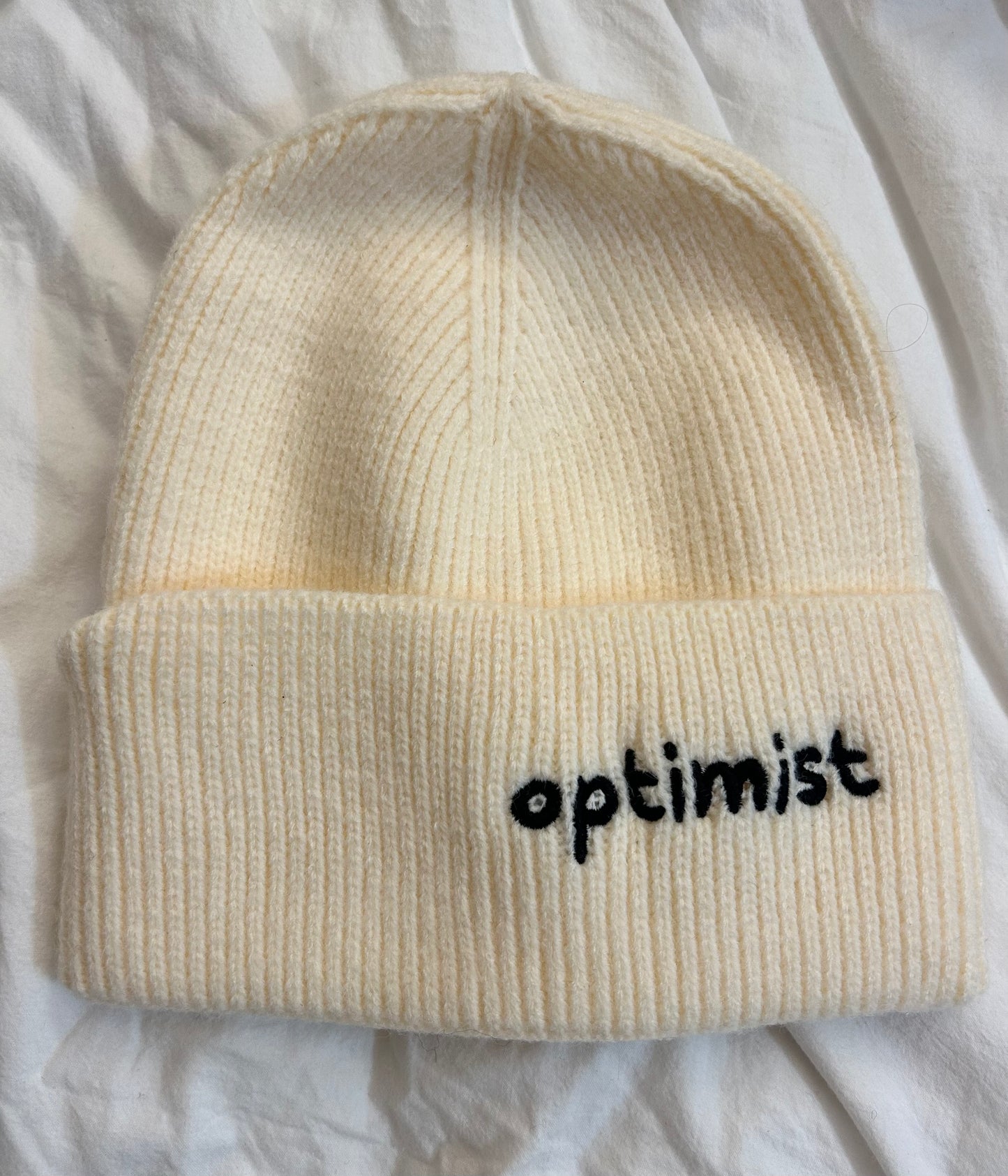 White Beanie + Optimist Embroidery in Black