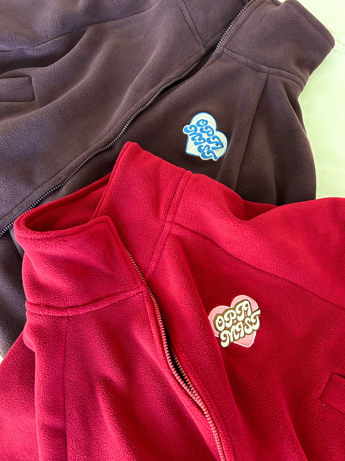 Red Fleece Pullover + Embroidered Optimist Heart