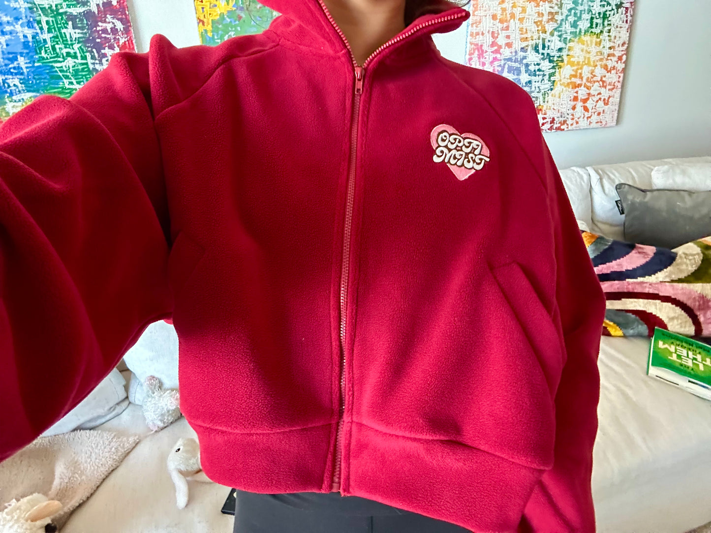 Red Fleece Pullover + Embroidered Optimist Heart