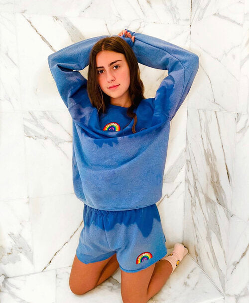 Ombre Style Bleach Dye Royal Blue Crewneck & Sweatshorts Set + Rainbow Patch