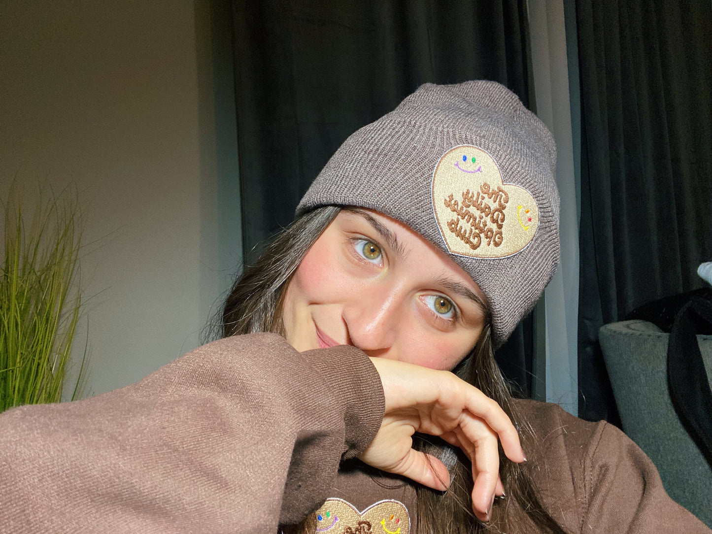 Brown Beanie + Brown Daily Optimist Club Patch