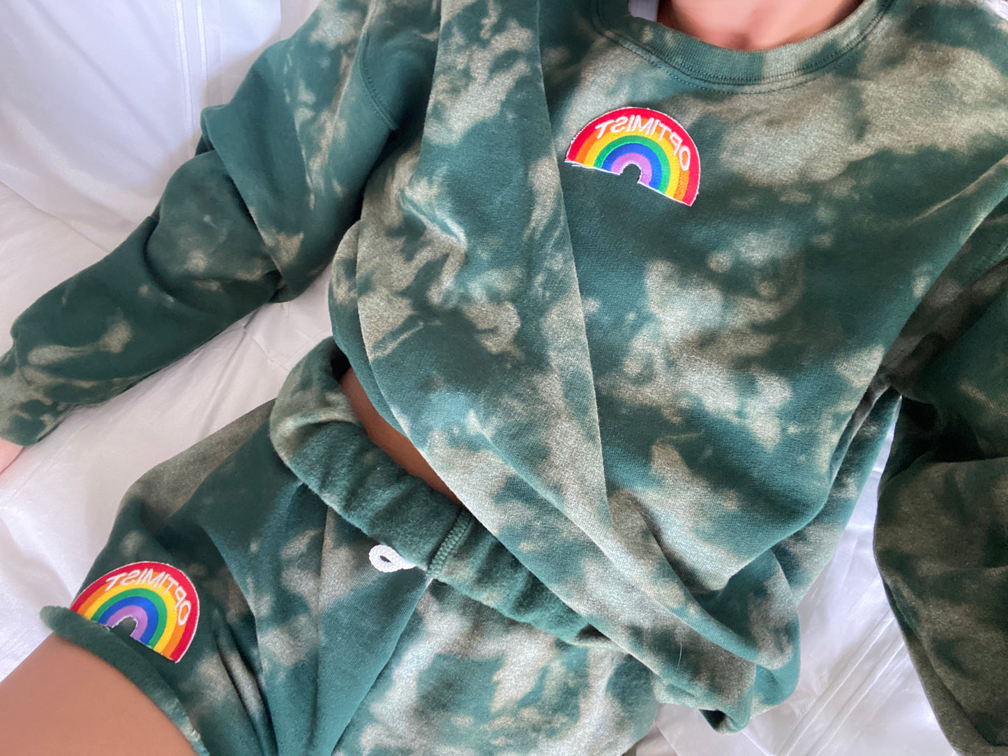 Green Bleach Dye Crewneck & Sweatshorts Set + Optimist Rainbow Patch