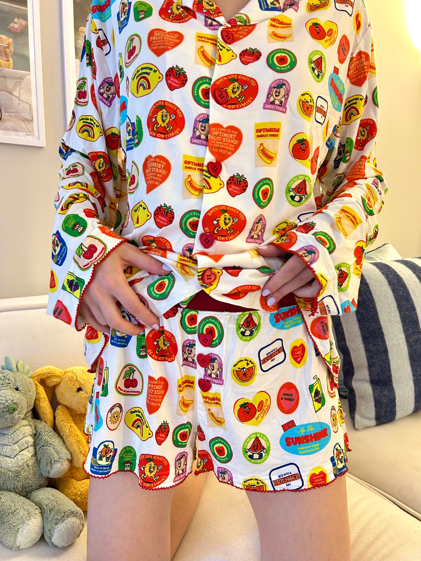 Retro Fruit Sticker Optimist Pajama Set- PJ Top + PJ Shorts