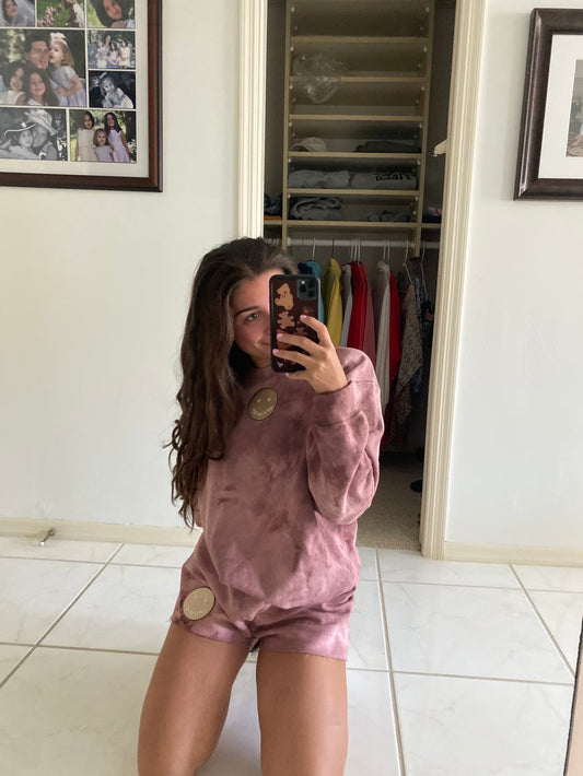 Brown Tie Dye Crewneck and Sweatshorts Set + Brown OG Smiley Patch