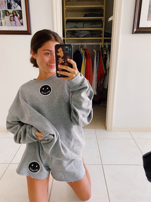 Heather Gray Crewneck & Sweatshorts Set + Reverse OG Smiley Patch