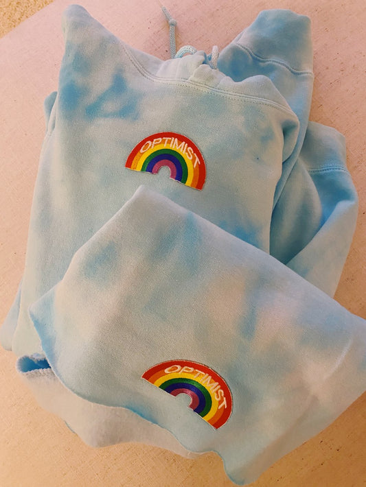 Bright Blue Tie Dye Hoodie & Sweatshorts Set + Optimist Rainbow Patch