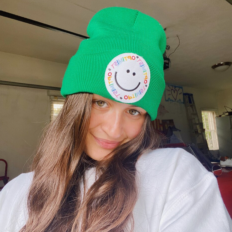 Green Beanie + Optimist Smiley Patch