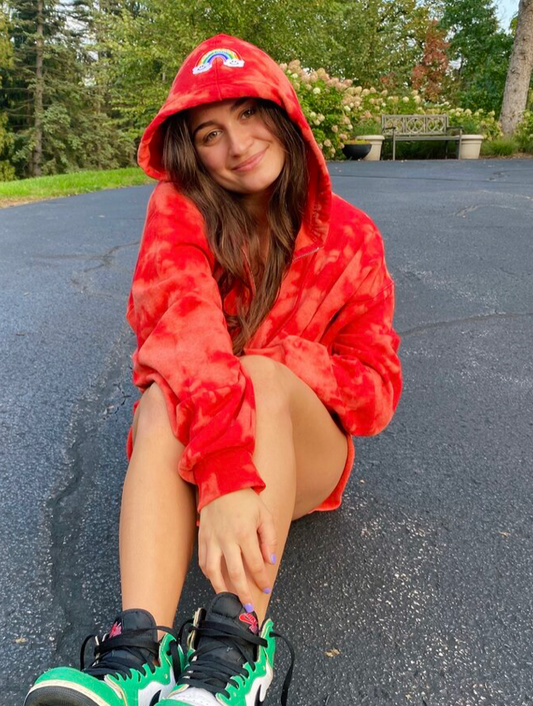 Red Bleach Dye Zip Up & Sweatshorts Set + Double Cloud Rainbow Patch