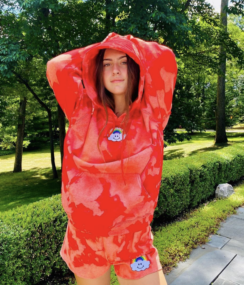 Red Bleach Dye Hoodie & Sweatshorts Set + Cloud Rainbow Patch