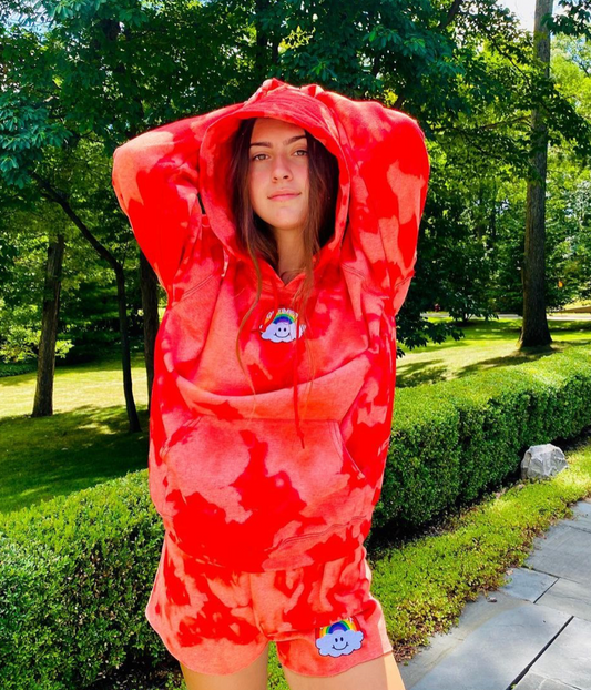 Red Bleach Dye Hoodie & Sweatshorts Set + Cloud Rainbow Patch