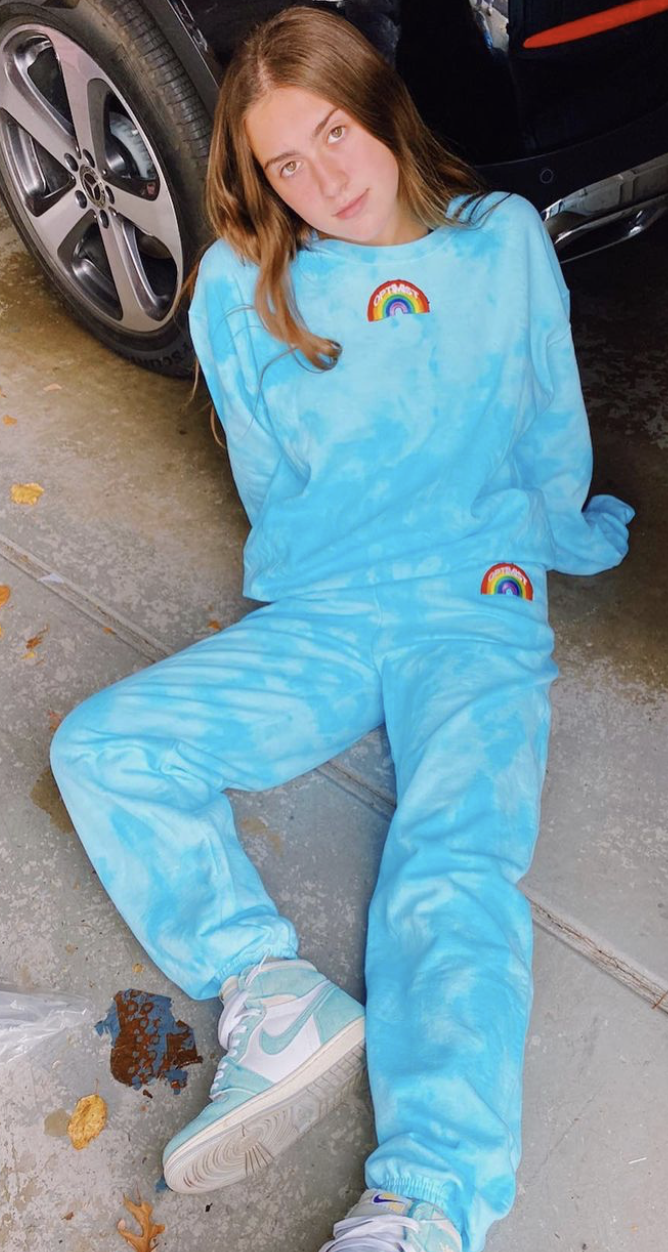 Bright Blue Tie Dye Crewneck & Sweatpants Set + Rainbow Optimist Patch