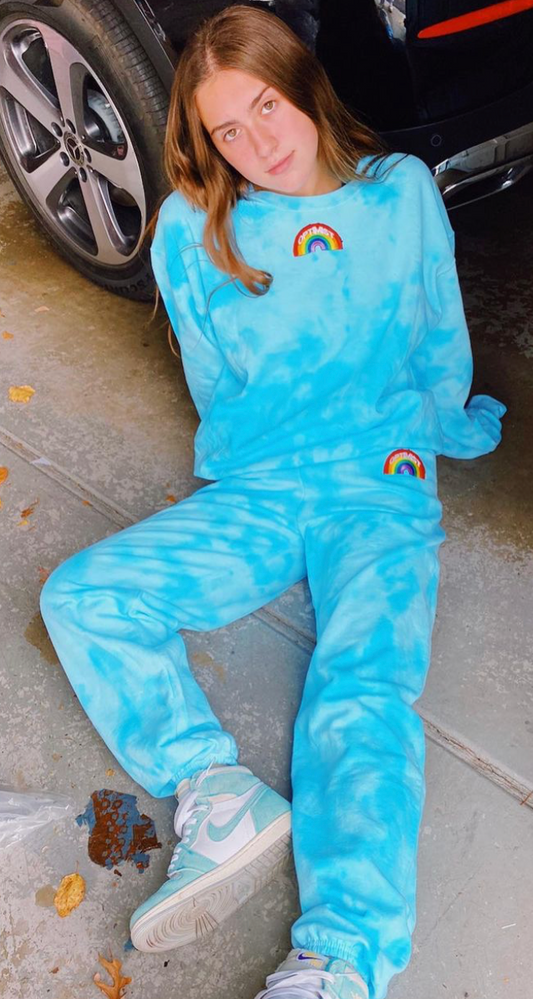 Bright Blue Tie Dye Crewneck & Sweatpants Set + Rainbow Optimist Patch